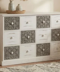 Commode 12 Tiroirs Changmay Bois Gris Et Blanc
