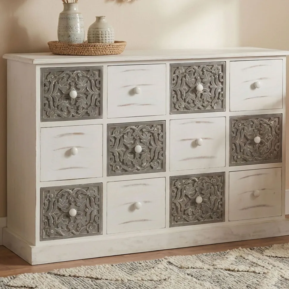 Commode 12 Tiroirs Changmay Bois Gris Et Blanc