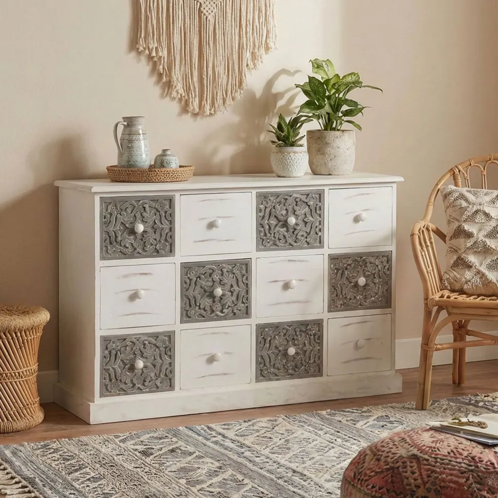 Commode 12 Tiroirs Changmay Bois Gris Et Blanc