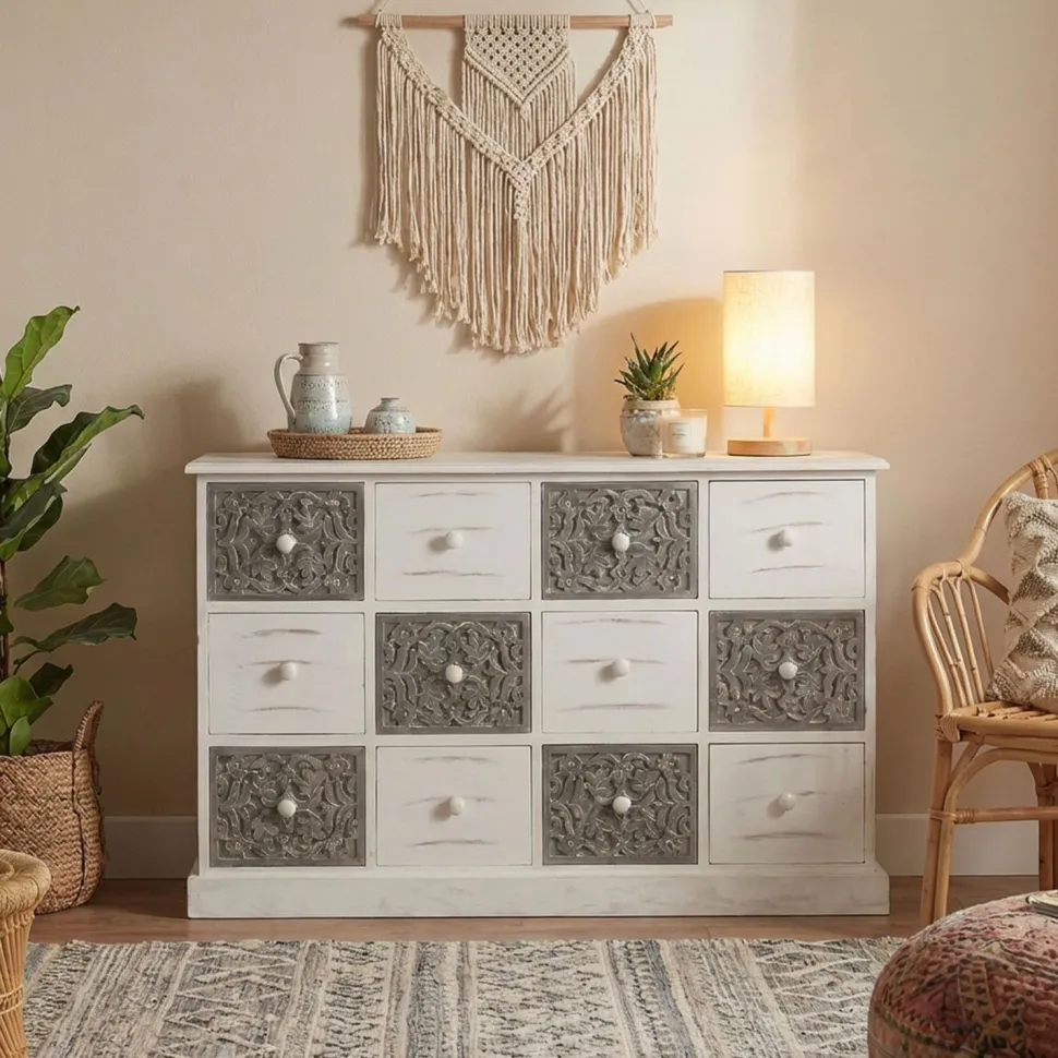 Commode 12 Tiroirs Changmay Bois Gris Et Blanc