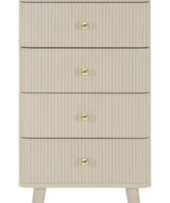 Commode Shy avec 4 tiroirs en bois et pieds en métal beiges