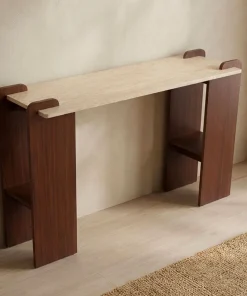 Console au design Art Déco Cezanne 40x120cm Effet travertin Beige et Bois foncé