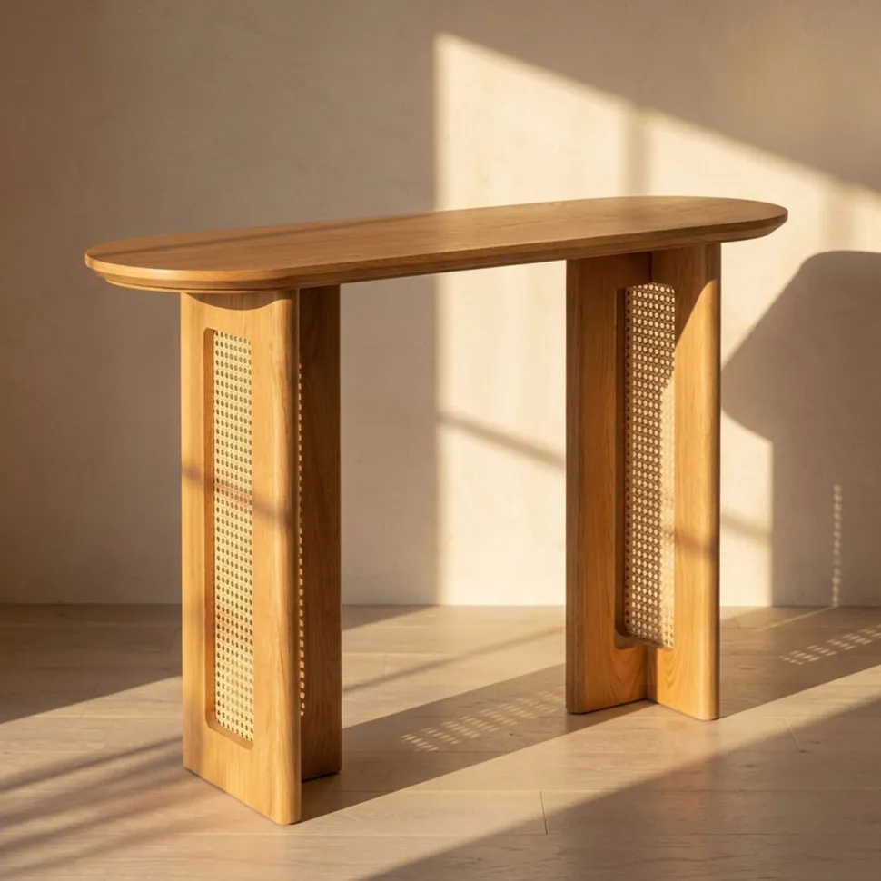 Console avec cannage 40x120cm Bohemia Chêne clair et Rotin