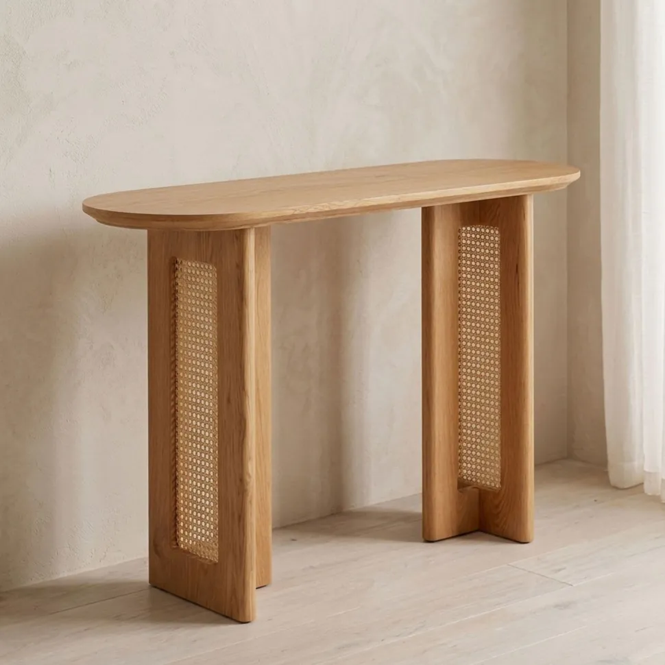Console avec cannage 40x120cm Bohemia Chêne clair et Rotin