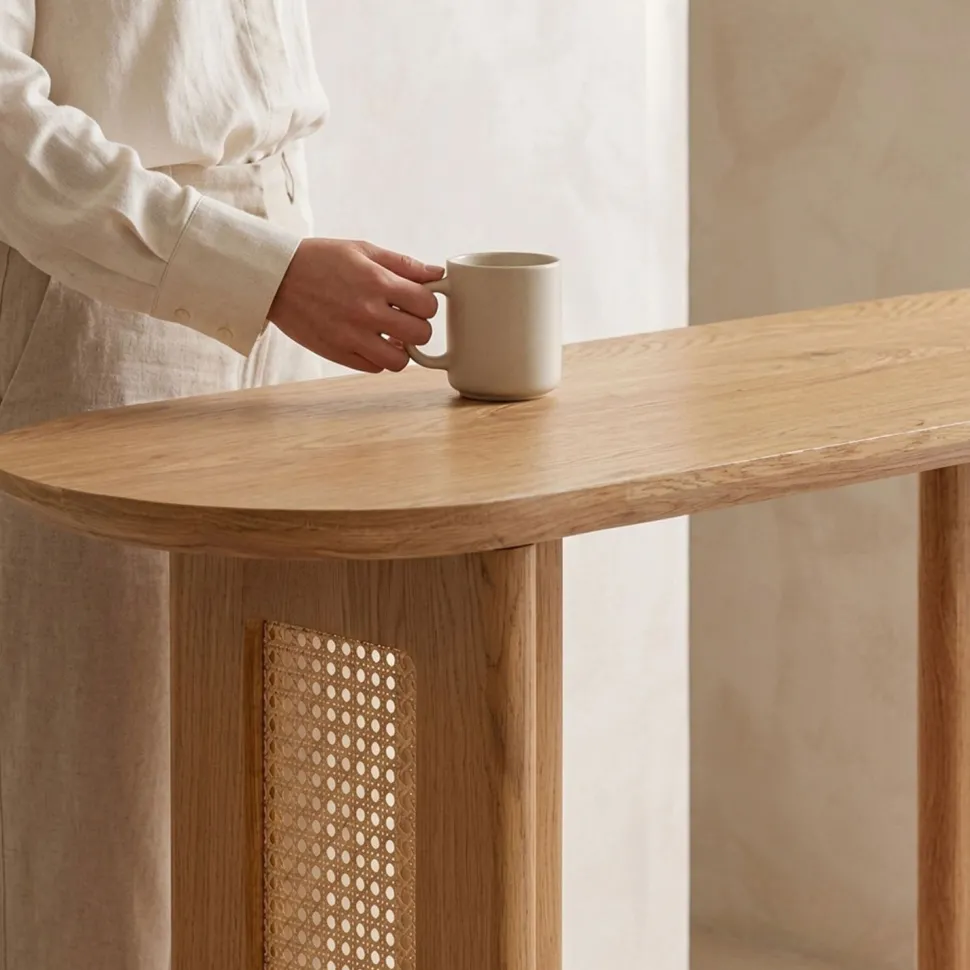 Console avec cannage 40x120cm Bohemia Chêne clair et Rotin