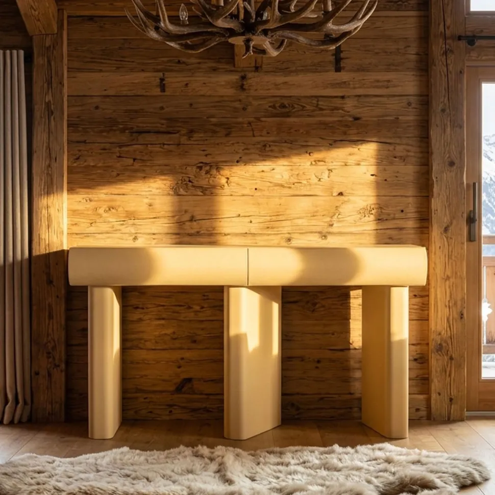 Console design 2 tiroirs L120cm avec pieds obliques Mezade Beige