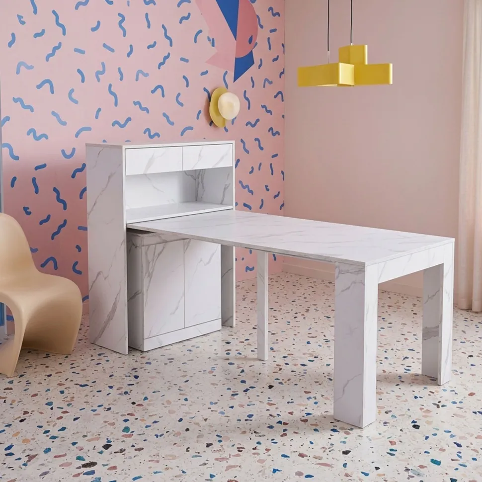 Console extensible avec rangement Fontano Effet marbre blanc
