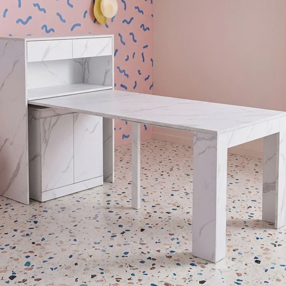 Console extensible avec rangement Fontano Effet marbre blanc