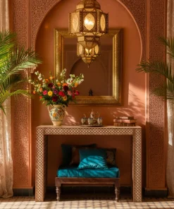 Console extensible L50-200cm Nassau Morocco design moucharabieh Beige et Bronze