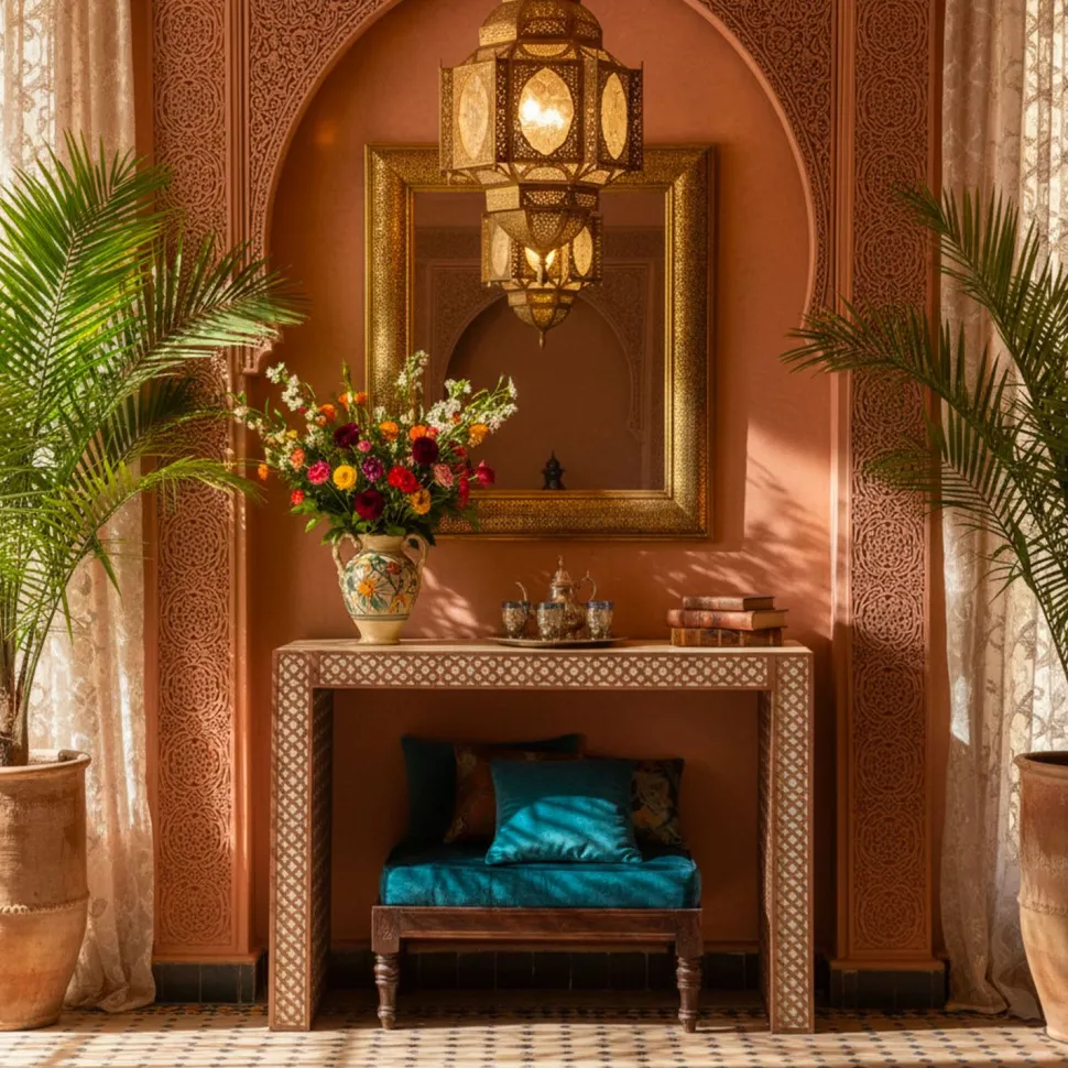 Console extensible L50-200cm Nassau Morocco design moucharabieh Beige et Bronze