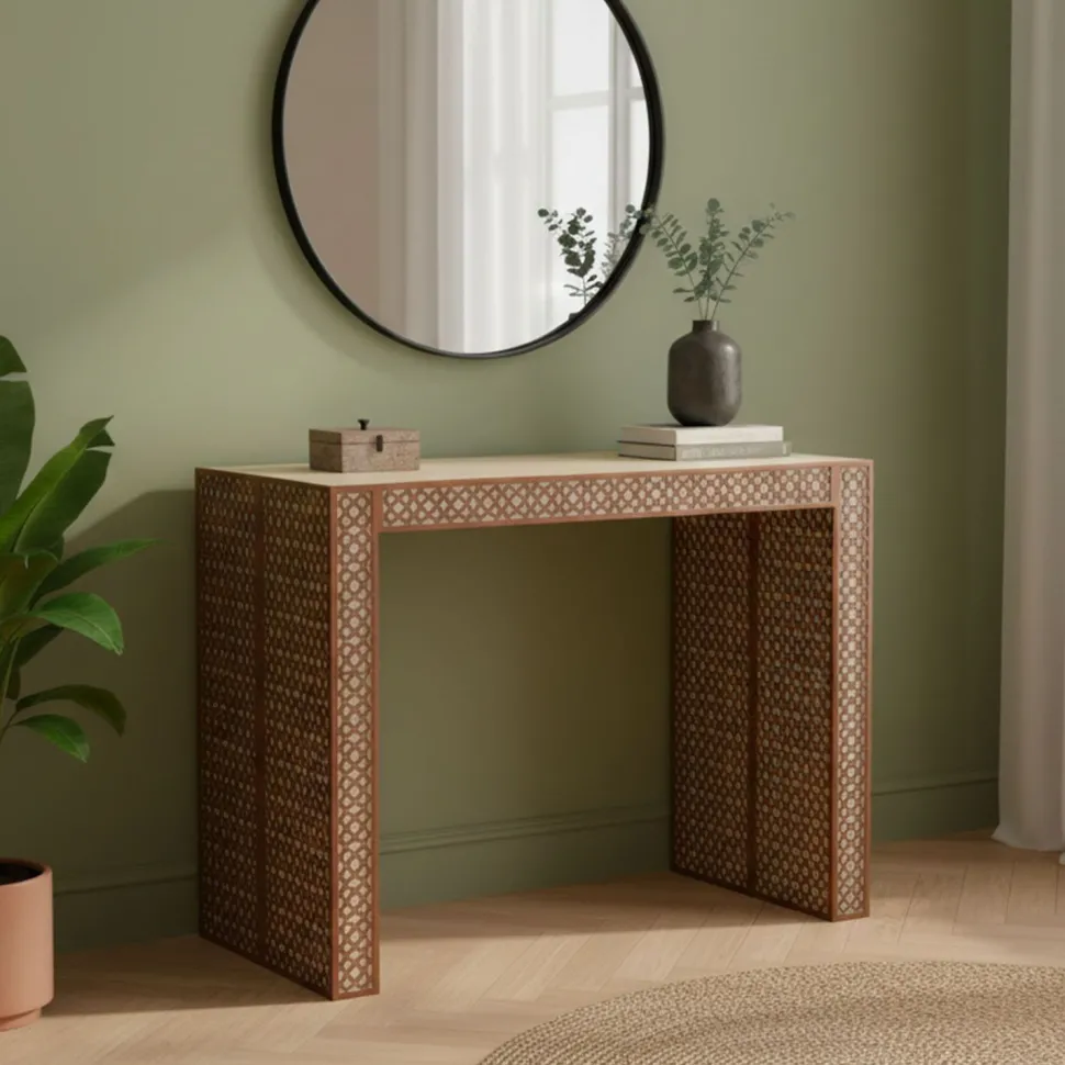 Console extensible L50-200cm Nassau Morocco design moucharabieh Beige et Bronze