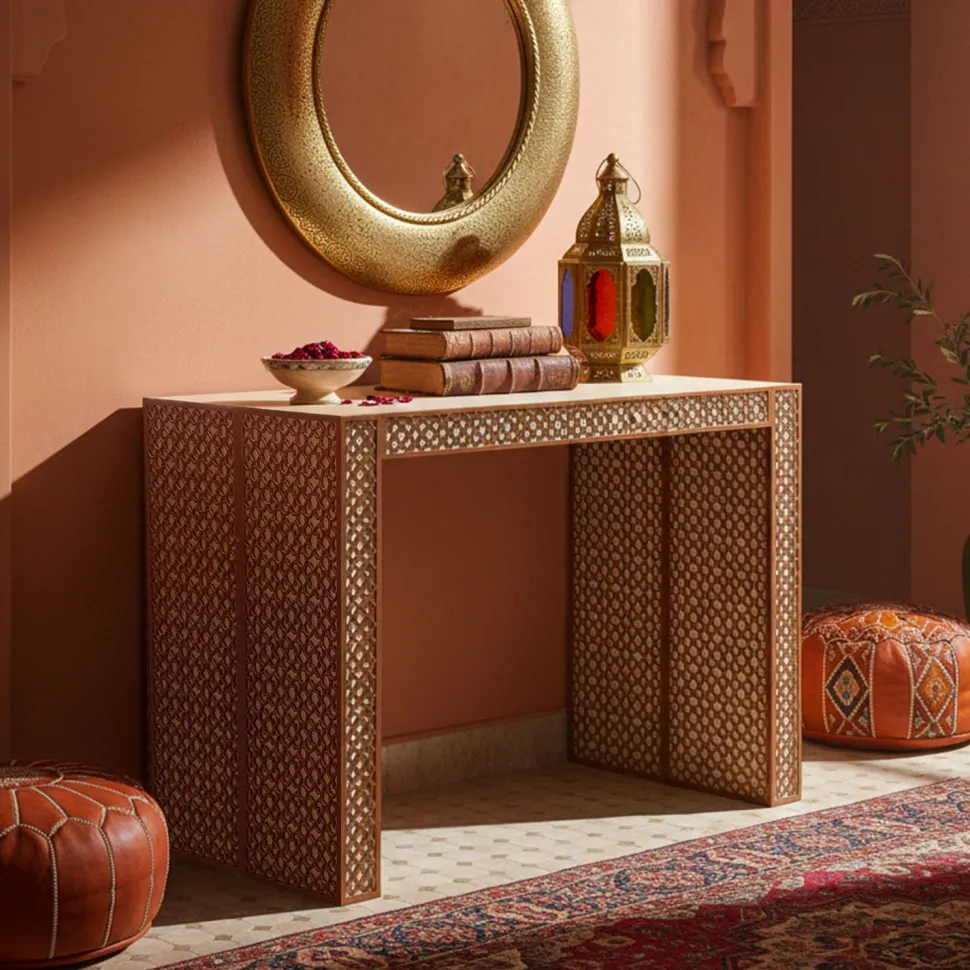 Console extensible L50-200cm Nassau Morocco design moucharabieh Beige et Bronze