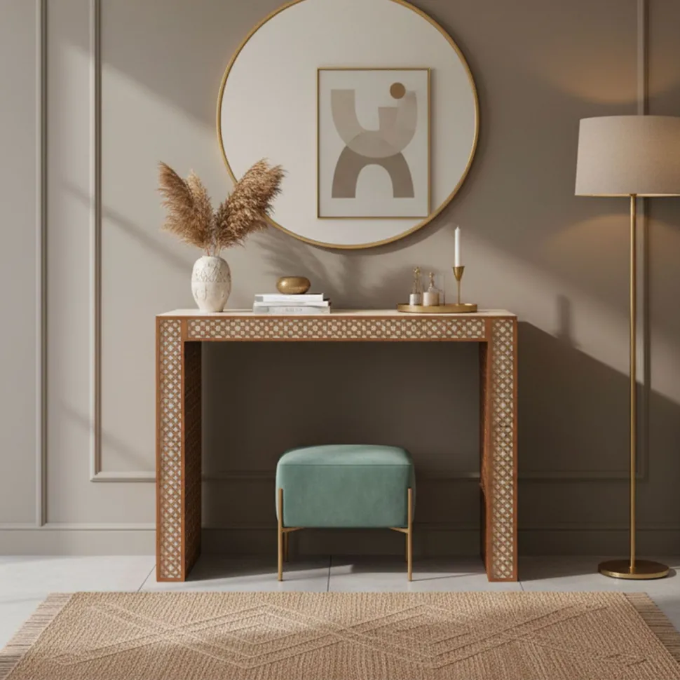 Console extensible L50-200cm Nassau Morocco design moucharabieh Beige et Bronze