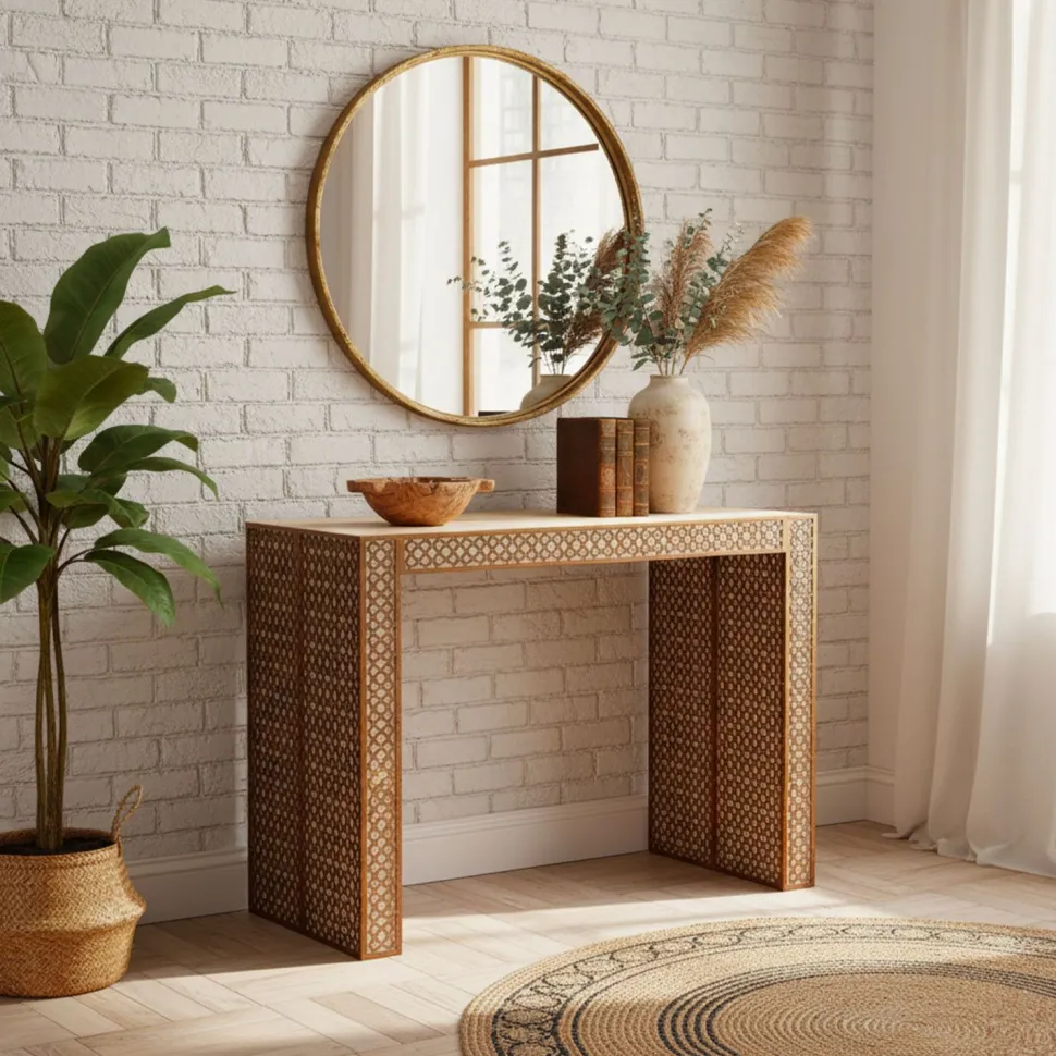 Console extensible L50-200cm Nassau Morocco design moucharabieh Beige et Bronze
