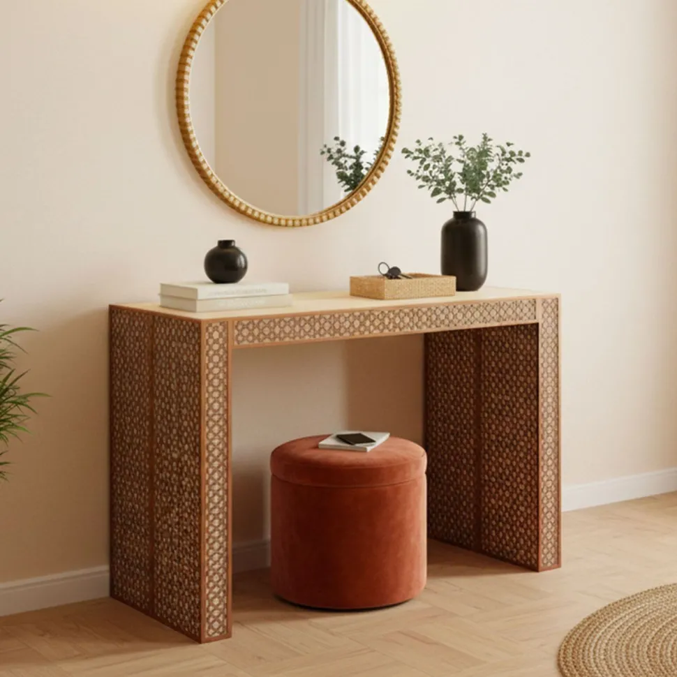 Console extensible L50-200cm Nassau Morocco design moucharabieh Beige et Bronze