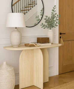 Console moderne ovale 120cm Calyptus Effet travertin Beige