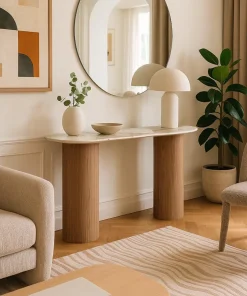 Console moderne pieds colonnes 40x120cm Eglantine Bois et Céramique Effet marbre Blanc