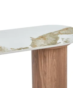 Console moderne pieds colonnes 40x120cm Eglantine Bois et Céramique Effet marbre Blanc