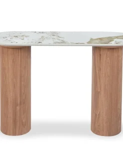 Console moderne pieds colonnes 40x120cm Eglantine Bois et Céramique Effet marbre Blanc