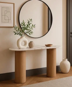 Console moderne pieds colonnes 40x120cm Eglantine Bois et Céramique Effet marbre Blanc