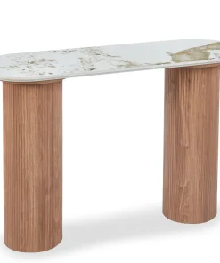 Console moderne pieds colonnes 40x120cm Eglantine Bois et Céramique Effet marbre Blanc