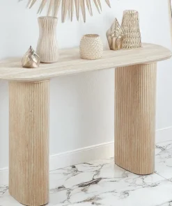 Console moderne 40x120cm avec pieds style colonnes Gwendoline Effet travertin Beige