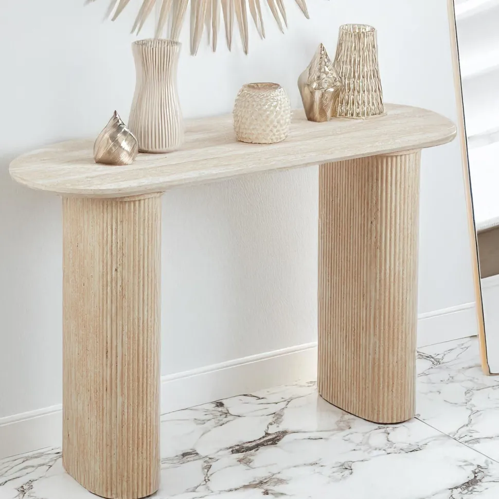 Console moderne 40x120cm avec pieds style colonnes Gwendoline Effet travertin Beige