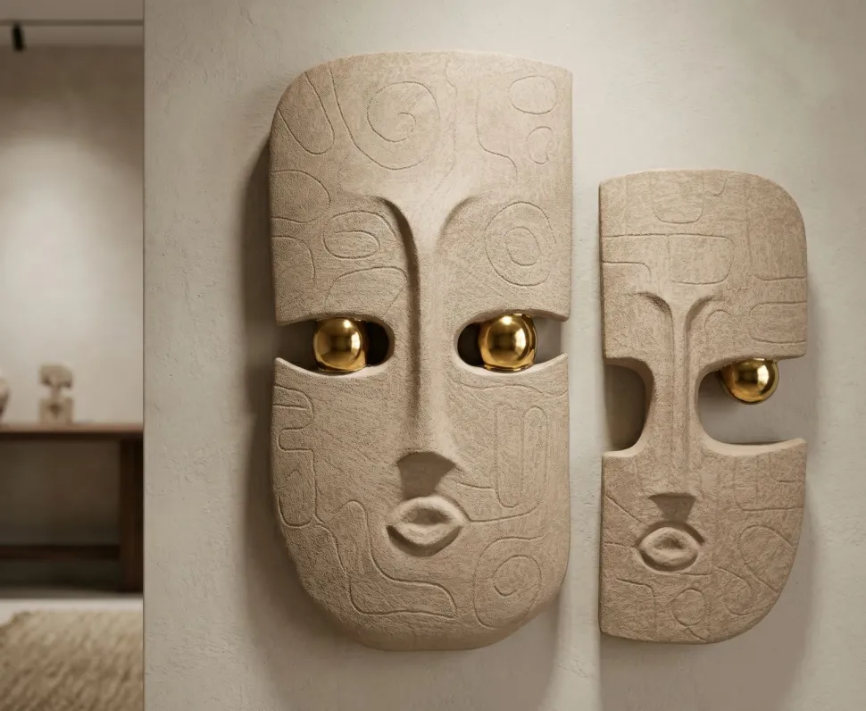 Décor mural 2 pièces visages stylisés en relief avec détails métalliques