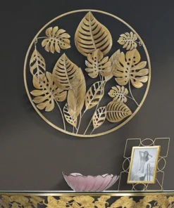 Décor mural rond 3D en métal doré avec feuilles