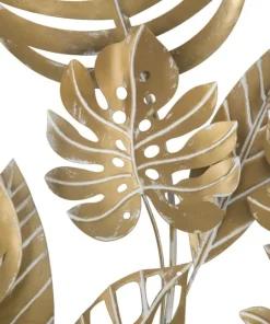 Décor mural rond 3D en métal doré avec feuilles