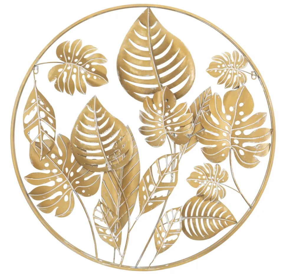 Décor mural rond 3D en métal doré avec feuilles