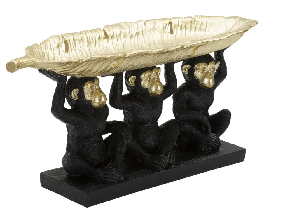 Décor Singe Tris Polyrésine Noir et Feuille de Palmier Dorée
