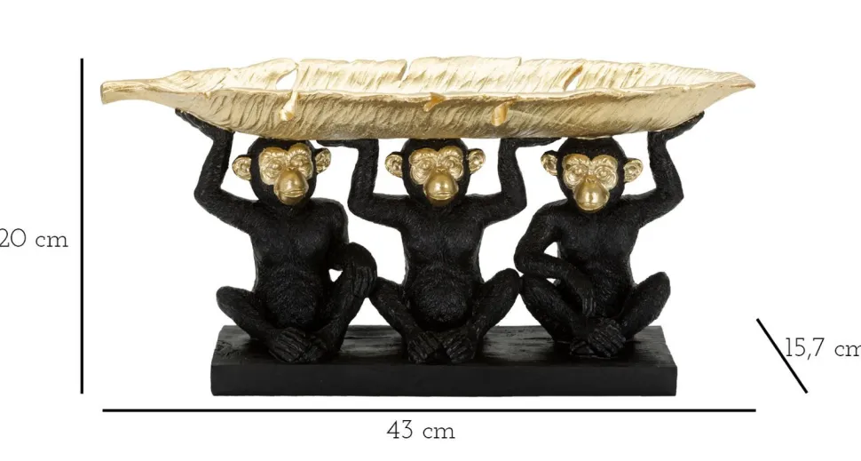 Décor Singe Tris Polyrésine Noir et Feuille de Palmier Dorée