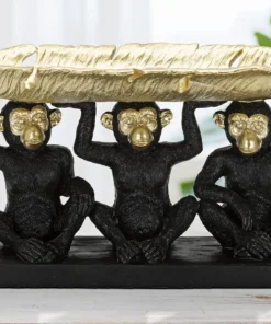 Décor Singe Tris Polyrésine Noir et Feuille de Palmier Dorée