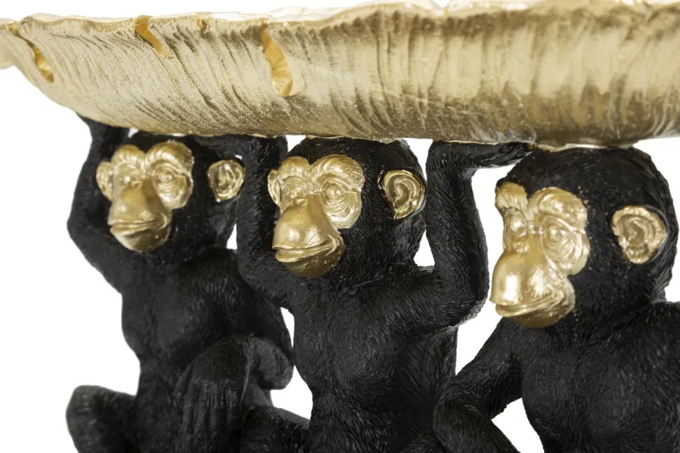 Décor Singe Tris Polyrésine Noir et Feuille de Palmier Dorée