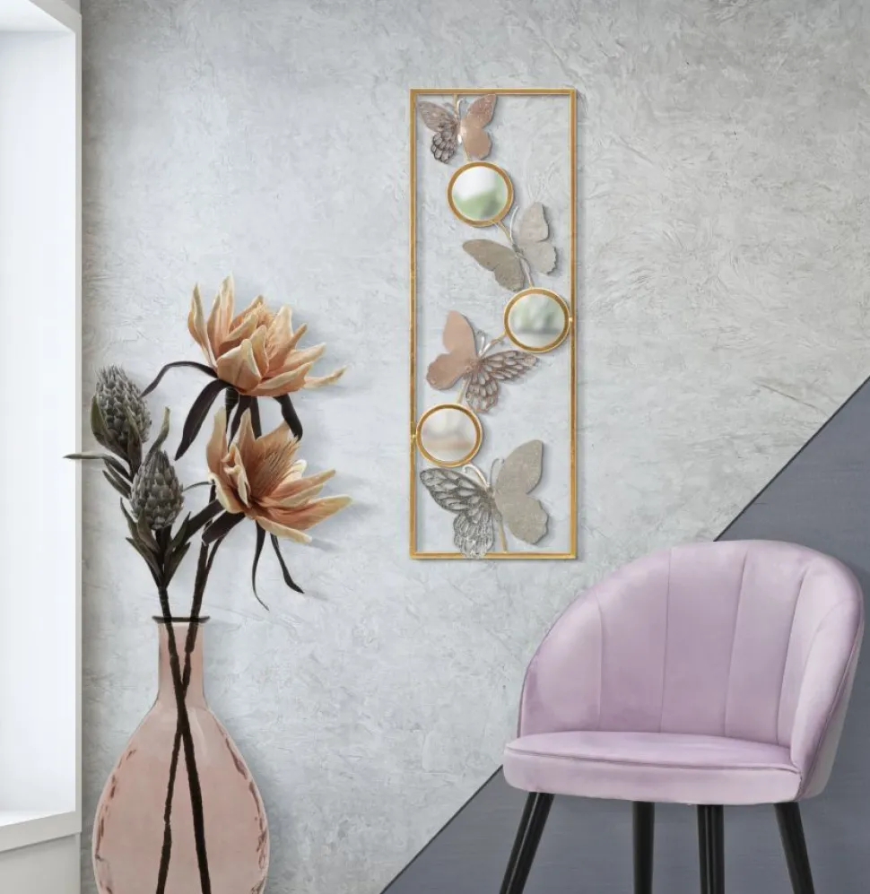 Décoration murale 3D cadre rectangulaire en fer papillons multicolores et miroirs ronds