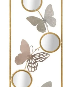 Décoration murale 3D cadre rectangulaire en fer papillons multicolores et miroirs ronds