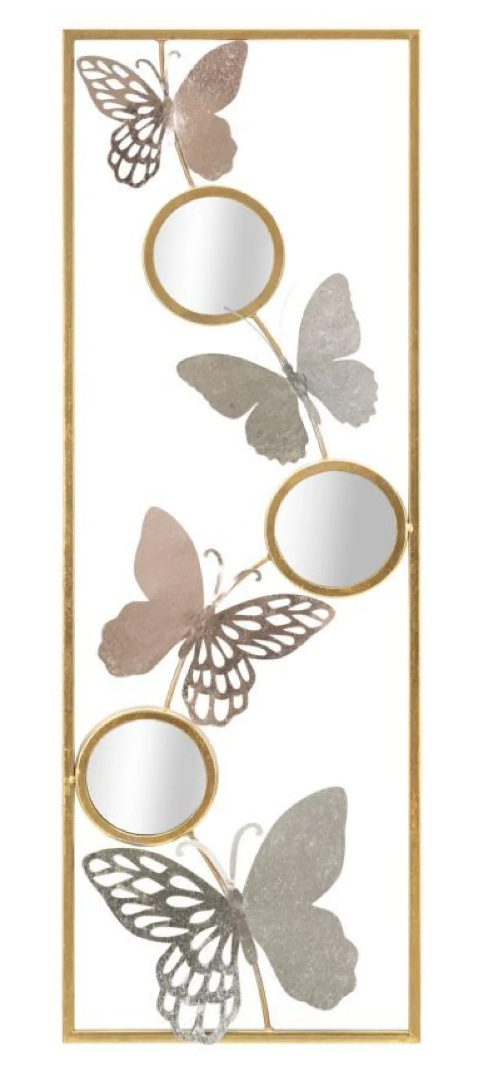 Décoration murale 3D cadre rectangulaire en fer papillons multicolores et miroirs ronds