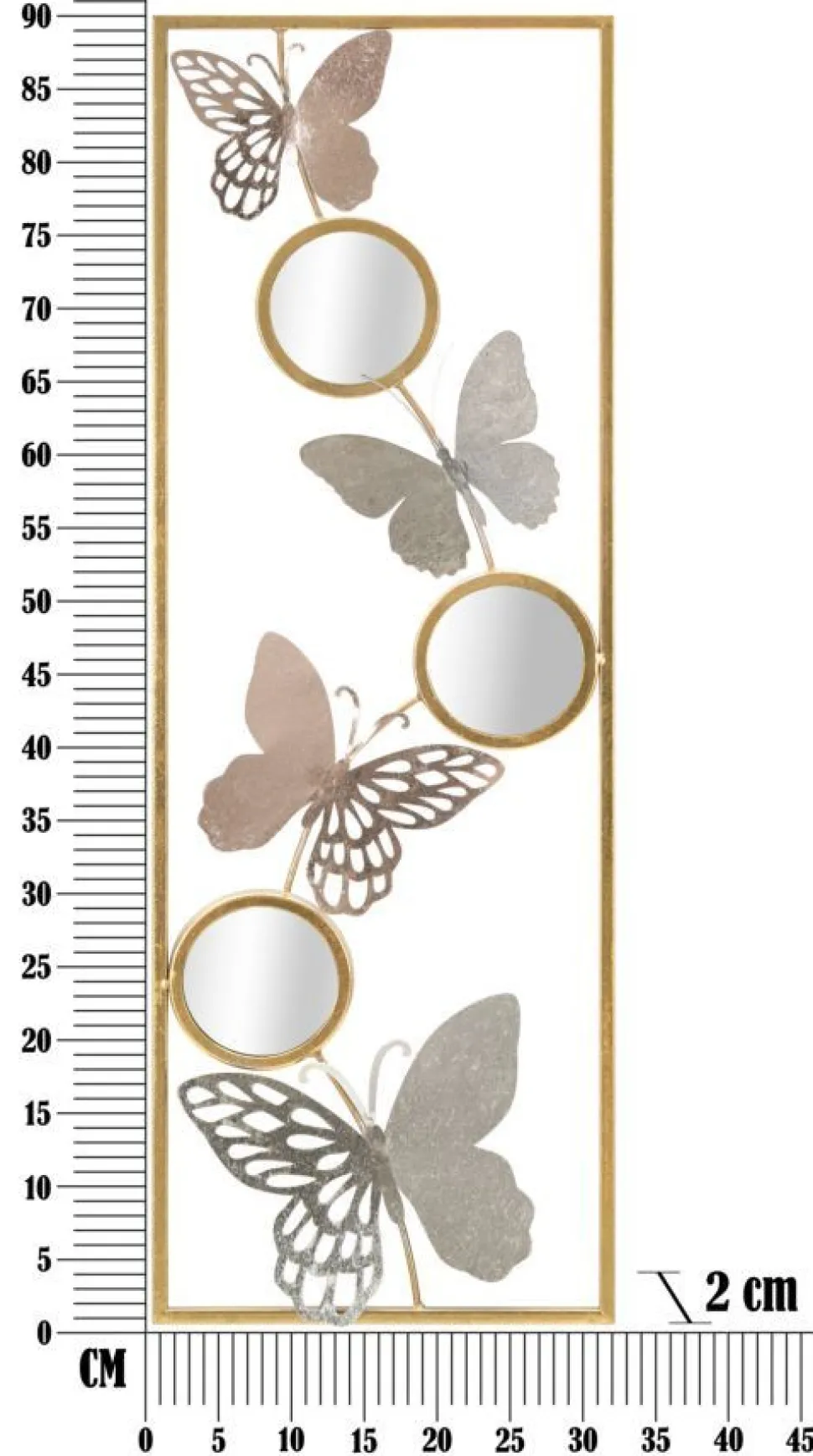 Décoration murale 3D cadre rectangulaire en fer papillons multicolores et miroirs ronds