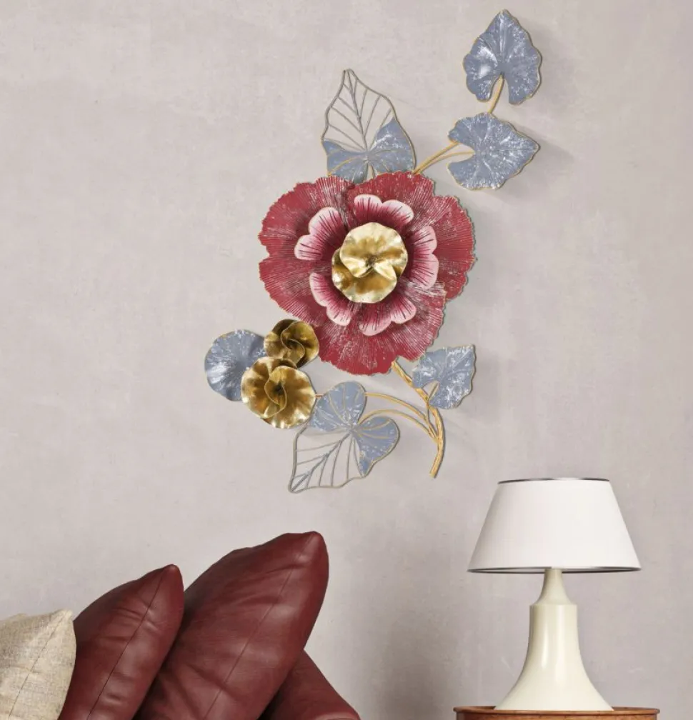 Décoration murale 3D Fleur aux couleurs vives en métal et feuilles en fer