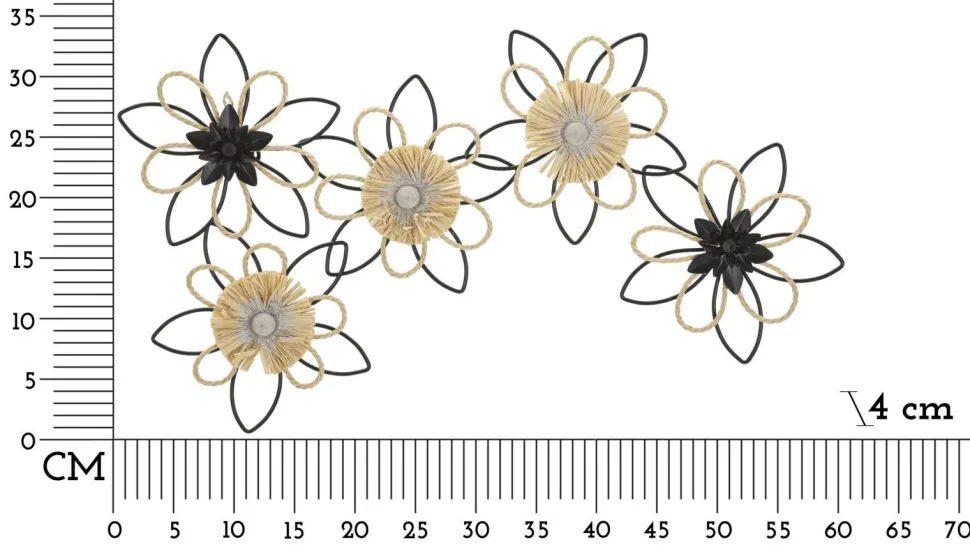 Décoration murale 3D fleurs métal Noir et Raphia Naturel