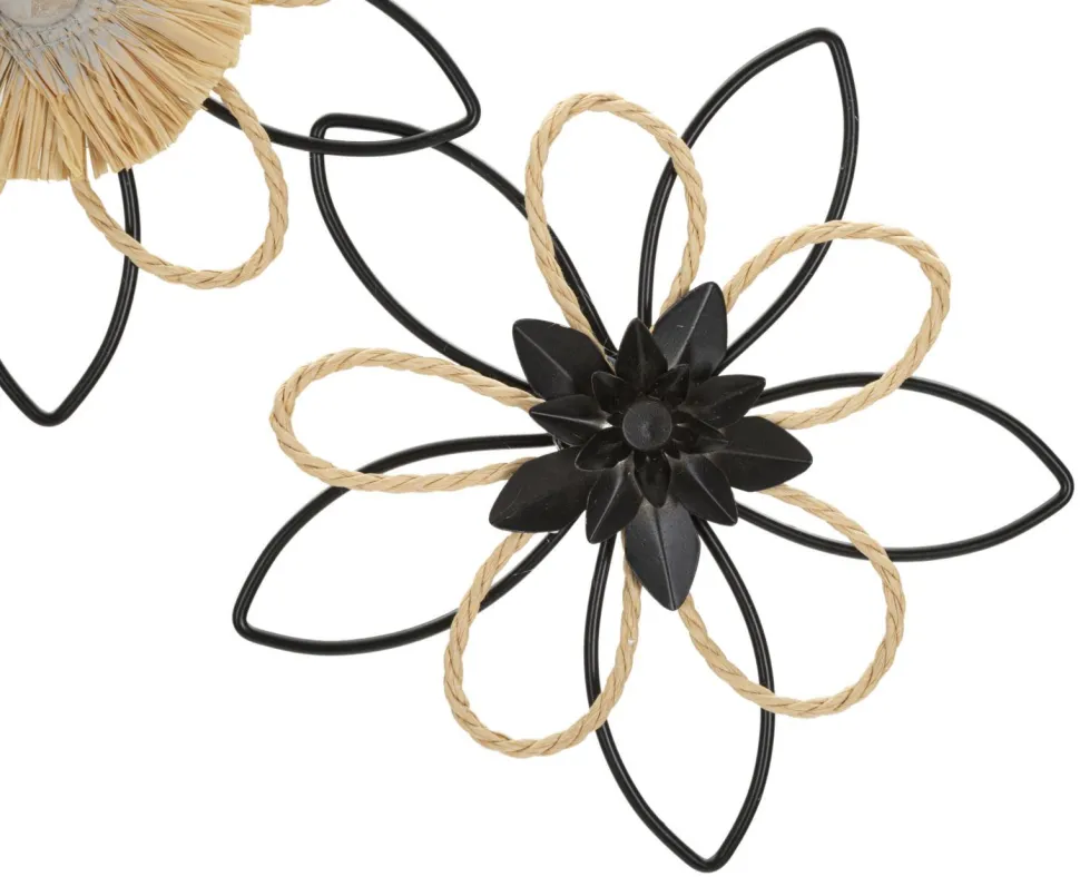 Décoration murale 3D fleurs métal Noir et Raphia Naturel