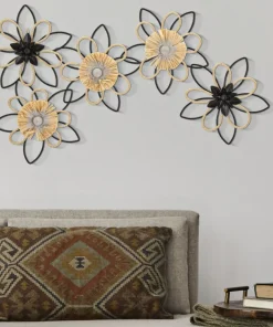 Décoration murale 3D fleurs métal Noir et Raphia Naturel