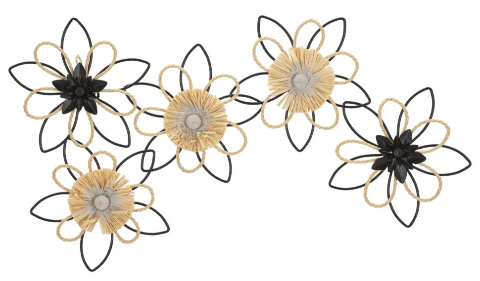 Décoration murale 3D fleurs métal Noir et Raphia Naturel