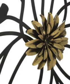 Décoration murale 3D fleurs cadre circulaire Fer Noir finitions dorées