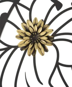 Décoration murale 3D fleurs cadre circulaire Fer Noir finitions dorées