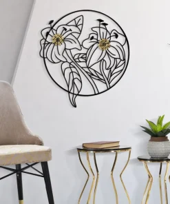 Décoration murale 3D fleurs cadre circulaire Fer Noir finitions dorées