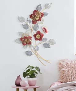 Décoration murale 3D métal multicolore fleurs et feuilles