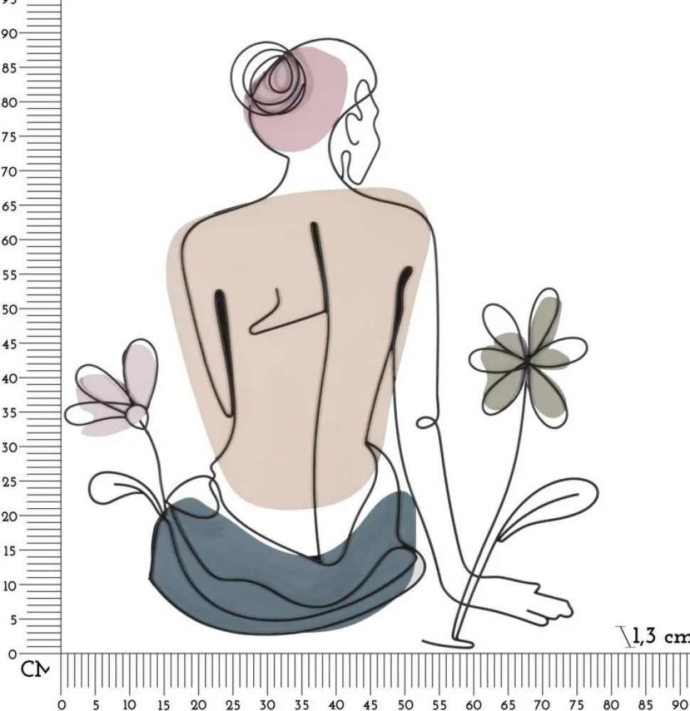 Décoration murale 3D métal Noir silhouette Femme assise fleurs colorées