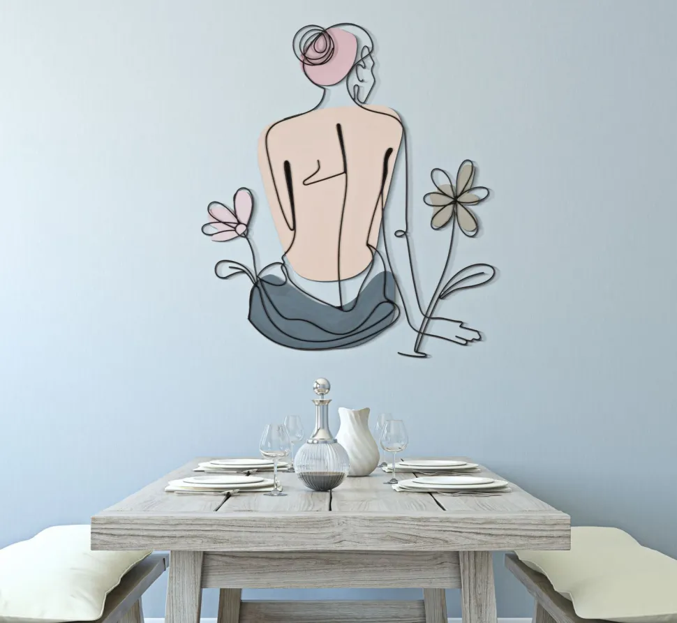 Décoration murale 3D métal Noir silhouette Femme assise fleurs colorées